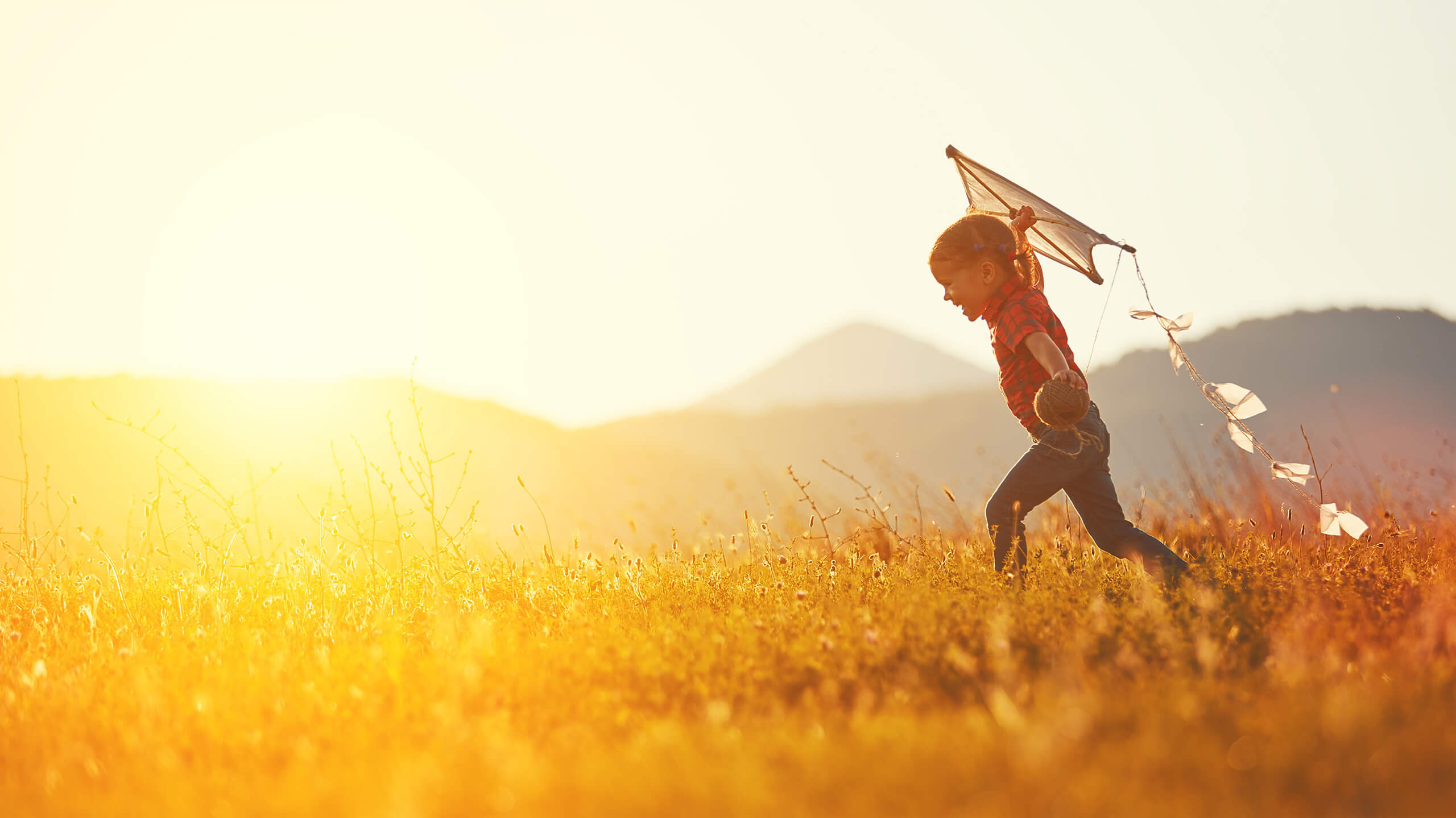 Happy child girl with a kite running on meadow in summer in nature